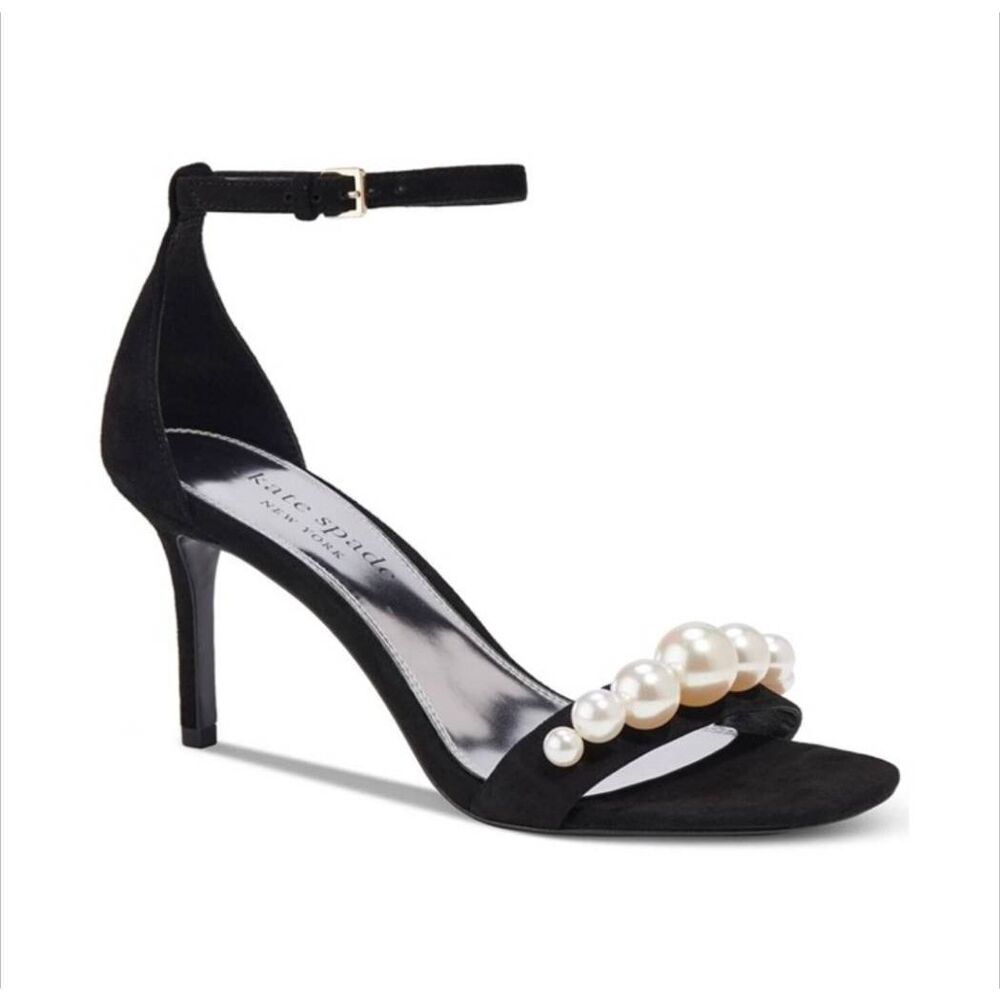 Kate Spade Avaline Black suede pearl accent strappy open toe heel womens 6.5